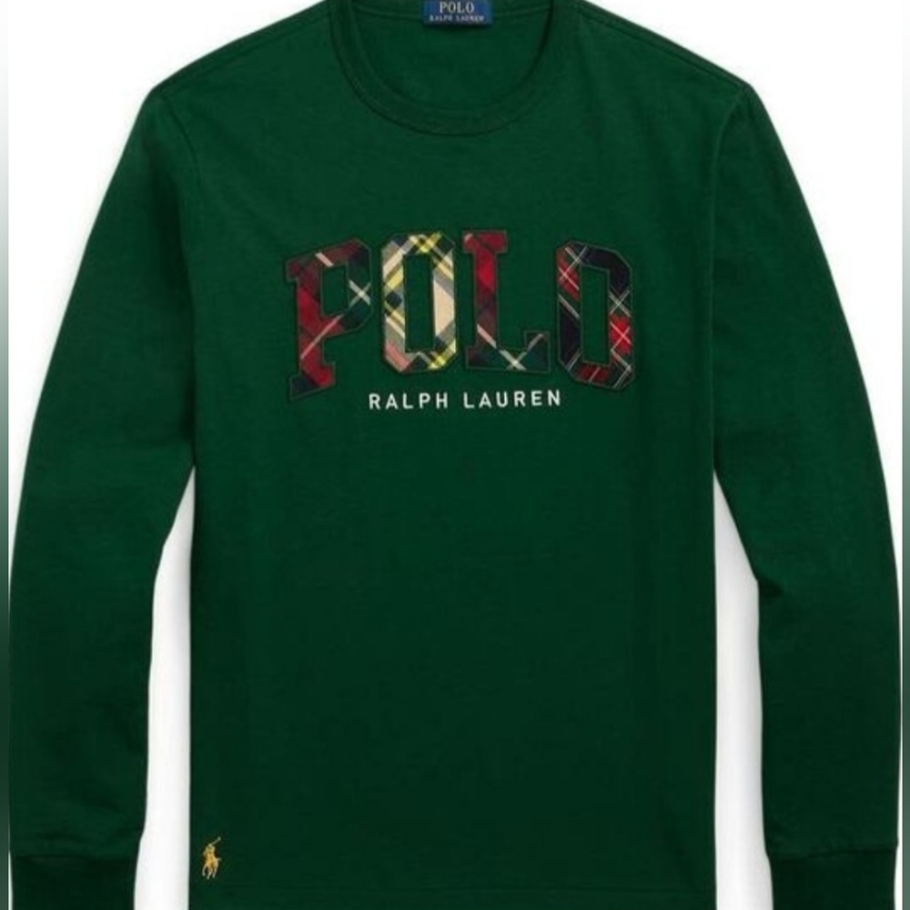 Ralph Lauren Dark Green Long Sleeve Tee-PLAID LOGO- NWT- LARGE/TALL
